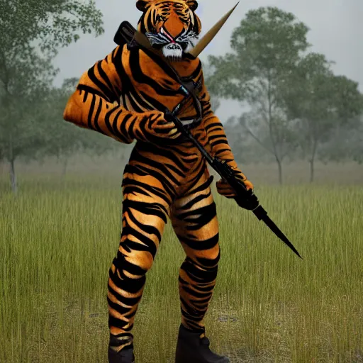 Image similar to Anthro tiger with soldier outfit, realistic, 4k, realistic, volumetric lightning