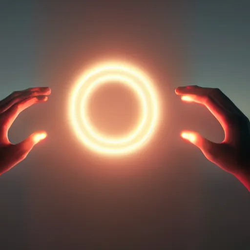 Prompt: a floating glowing infinity symbol above someone's hands, cinematic, fantasy octane render 8 k postproduction