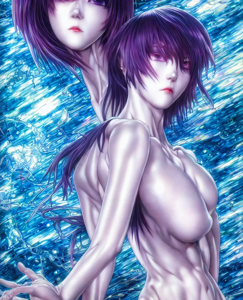 Image similar to realistic detailed image of ultra mega rainbow, realistic detailed female character, rei ayanami, symmetrical, depth perception, masterpiece, depth of field, action horror, gothic, vivid colors. art by yoshitaka amano, by yukito kishiro, by yoshiyuki sadamoto, by artgerm, by hajime sorayama