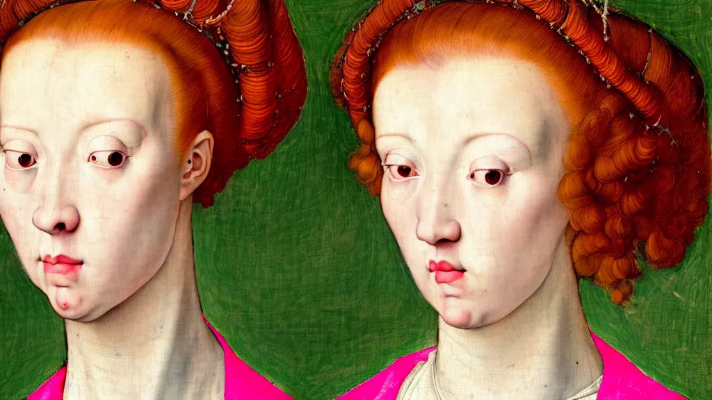 Prompt: close - up portrait of a woman with red hair and big hair curlers, wearing a neon pink baggy pajamas, standing in a botanical garden, intricate details, highly detailed, in the style of rogier van der weyden and jacopo da pontormo, punk, masterpiece, asian art