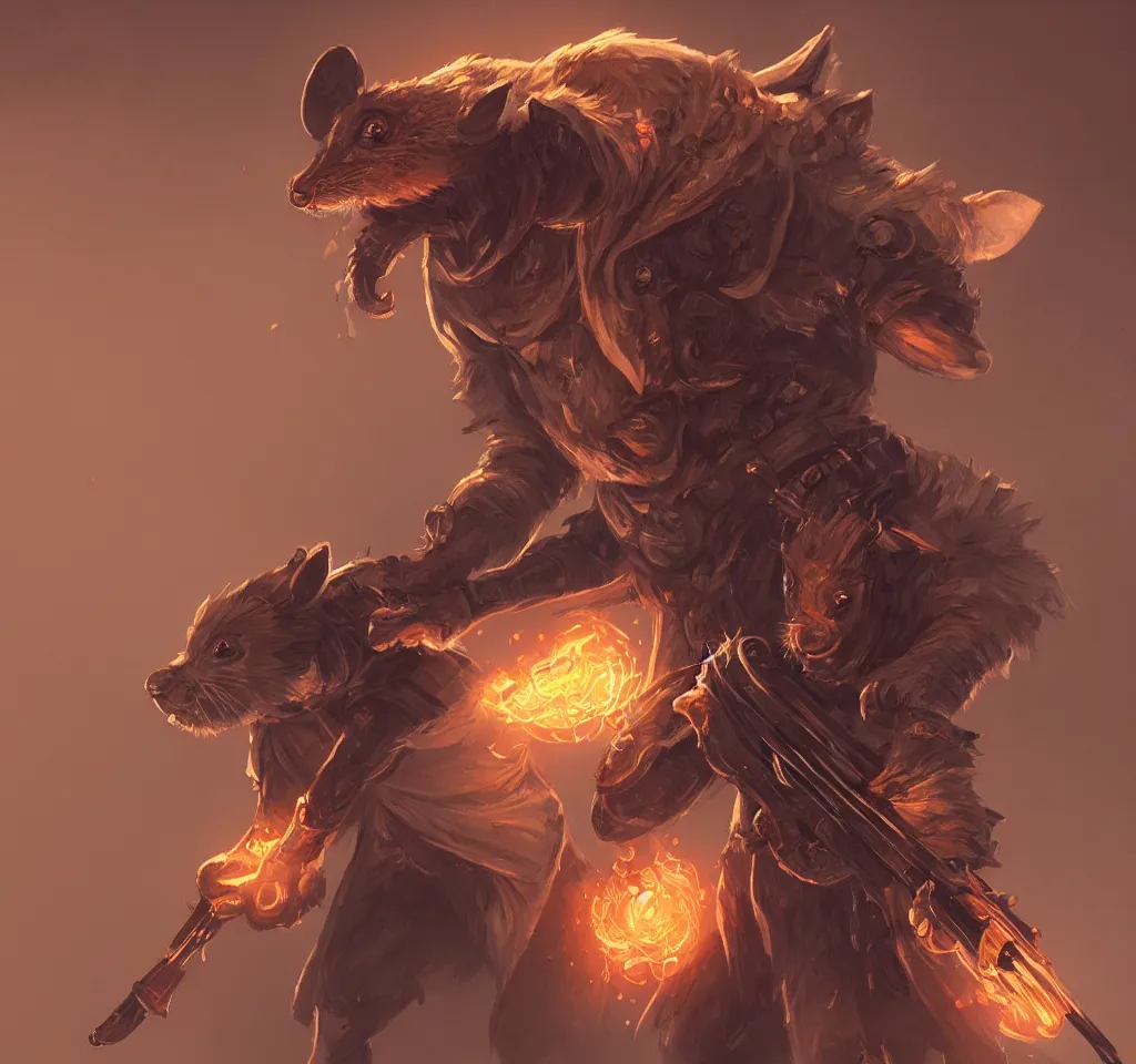 Prompt: a highly detailed illustration of a anthropomorphic rat wearing a long coat holding a wooden shotgun, glowing eyes, dramatic standingm muscular, intricate, elegant, highly detailed, centered, digital painting, artstation, concept art, smooth, sharp focus, league of legends concept art, wlop