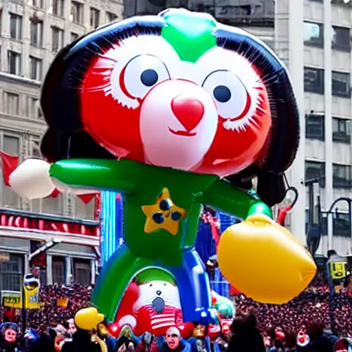 Prompt: tommy wiseau as a giant inflatable balloon in the macy's thanksgiving day parade, hyperreal, news footage - n 4