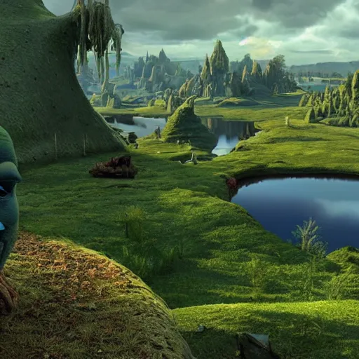 Image similar to BEAUTIFUL LANDSCAPE WITH LAKES MADE OUT OF BLOOD, REALISM, HELL, 8K, SHREK CONSUMES BONES, 100K, UNREALESED SHREK MOVIE, 8K
