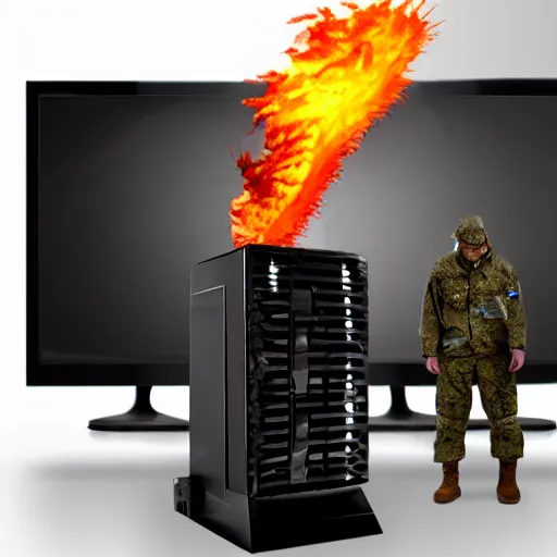 Image similar to angry man in juggernaut armor burning a desktop tower pc with a military flamethrower