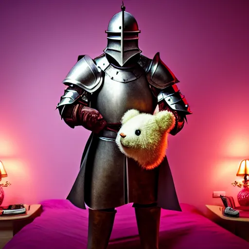 Image similar to a medieval fantasy knight holding a teddy bear inside a pink bedroom, matte oil painting, d & d, sharp focus, award - winning, extremely detailed, 4 k, 8 k