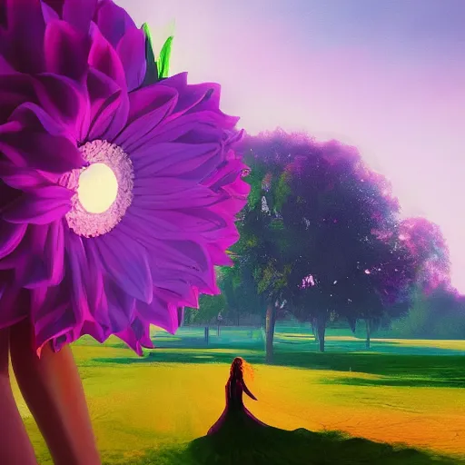 Image similar to portrait, giant purple dahlia flower head, woman in oasis, surreal photography, sunrise, blue sky, dramatic light, impressionist painting, digital painting, artstation, simon stalenhag