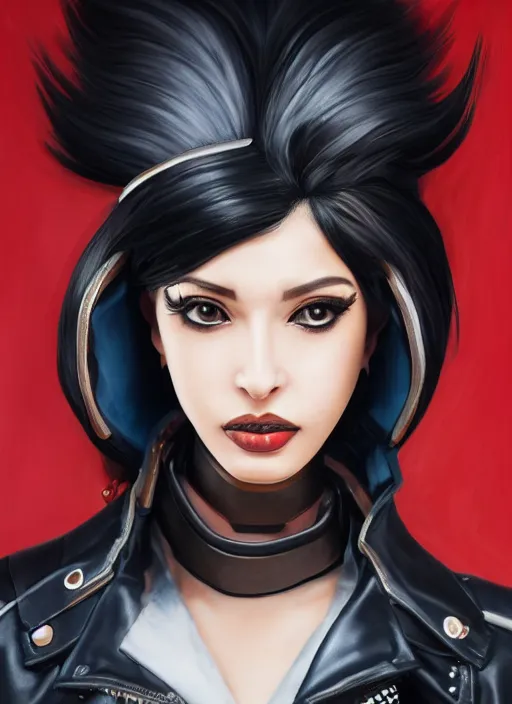 Image similar to overwatch style oil painting portrait of as woman with black hair and a leather jacket, confident pose, 4 k, expressive surprised expression, makeup, wearing sleek armor, studio lighting, black leather harness, expressive detailed face and eyes,