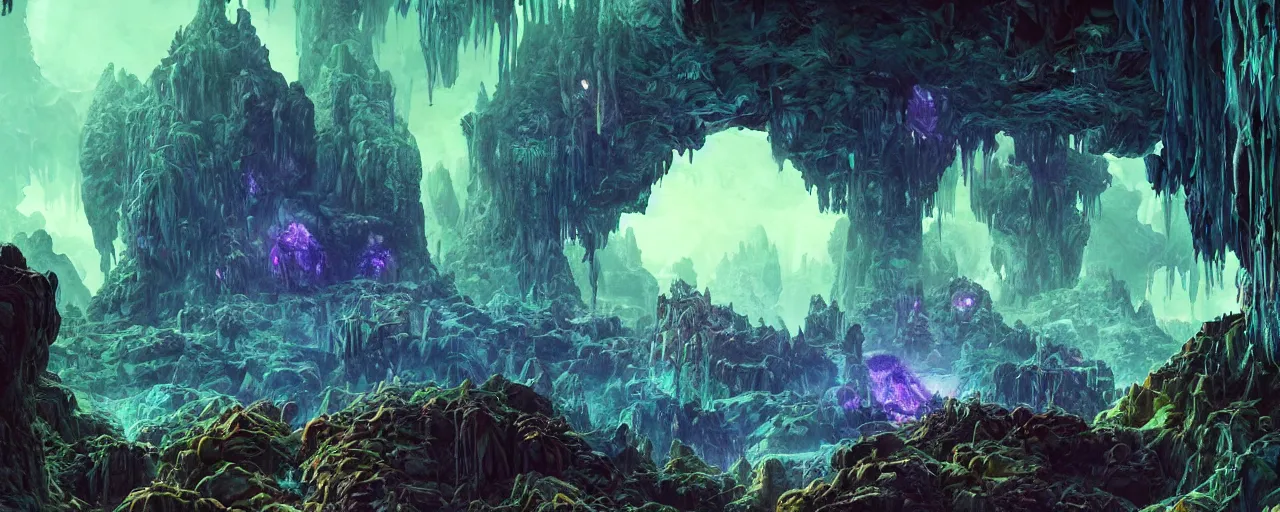 Prompt: ” crystal caverns alien landscape, [ beautiful, cinematic, detailed, epic, widescreen, opening, establishing, mattepainting, photorealistic, realistic textures, octane render, art by slop and paul lehr ] ”