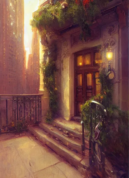 Image similar to new york apartment entrance, wreath on door, artwork by gaston bussiere, craig mullins, trending on artstation