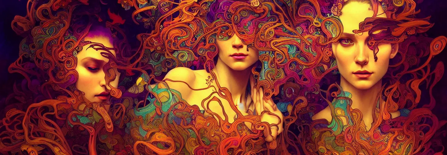 Image similar to An extremely psychedelic experience, colorful, surreal, dramatic lighting, psilocybin, LSD, centered, face, detailed, intricate, elegant, highly detailed, digital painting, artstation, concept art, smooth, sharp focus, illustration, art by Marco Plouffe, Krenz Cushart and Artem Demura and alphonse mucha