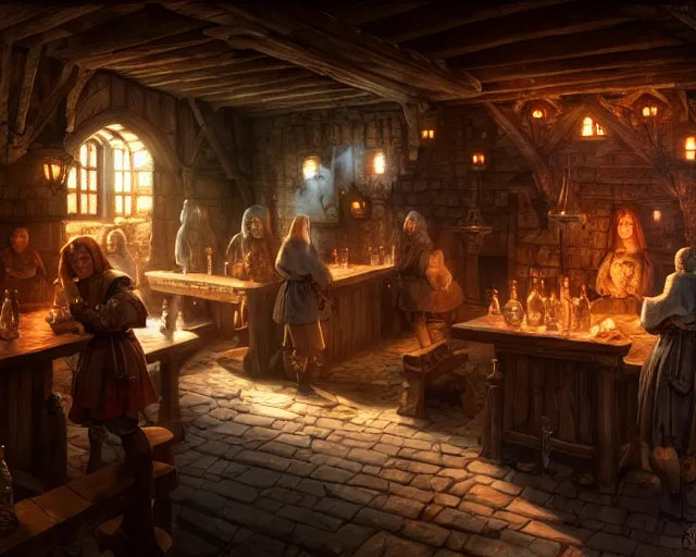 Image similar to a medieval tavern, beautiful, detailed, realistic detailed patrons, dark, concept art illustration, color page, tone mapping, akihiko yoshida, james jean, andrei riabovitchev, marc simonetti, digital illustration, greg rutowski, volumetric lighting, sunbeams, particles