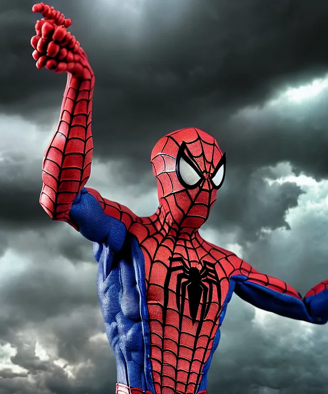 Prompt: hyperrealistic rendering, epic boss battle, cronenberg flesh monster spider man, by art of skinner and richard corben, product photography, collectible action figure, sofubi, hottoys, storm clouds, outside, lightning