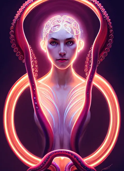 Image similar to symmetry portrait of ursula, octopus, glowing lights, intricate, elegant, highly detailed, digital painting, artstation, concept art, smooth, sharp focus, illustration, art by artgerm and greg rutkowski and alphonse mucha