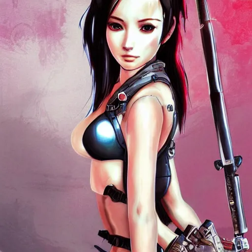 Image similar to concept art illustration of a beautiful young japanese christina hendricks natalie portman as lara croft motoko kusanagi anime protagonist, wearing tokyo harajuku street fashion combat warrior fantasy bikini, intricate, elegant, gorgeous, stunning, alluring, art by hyng tae kim, art style of blade and soul