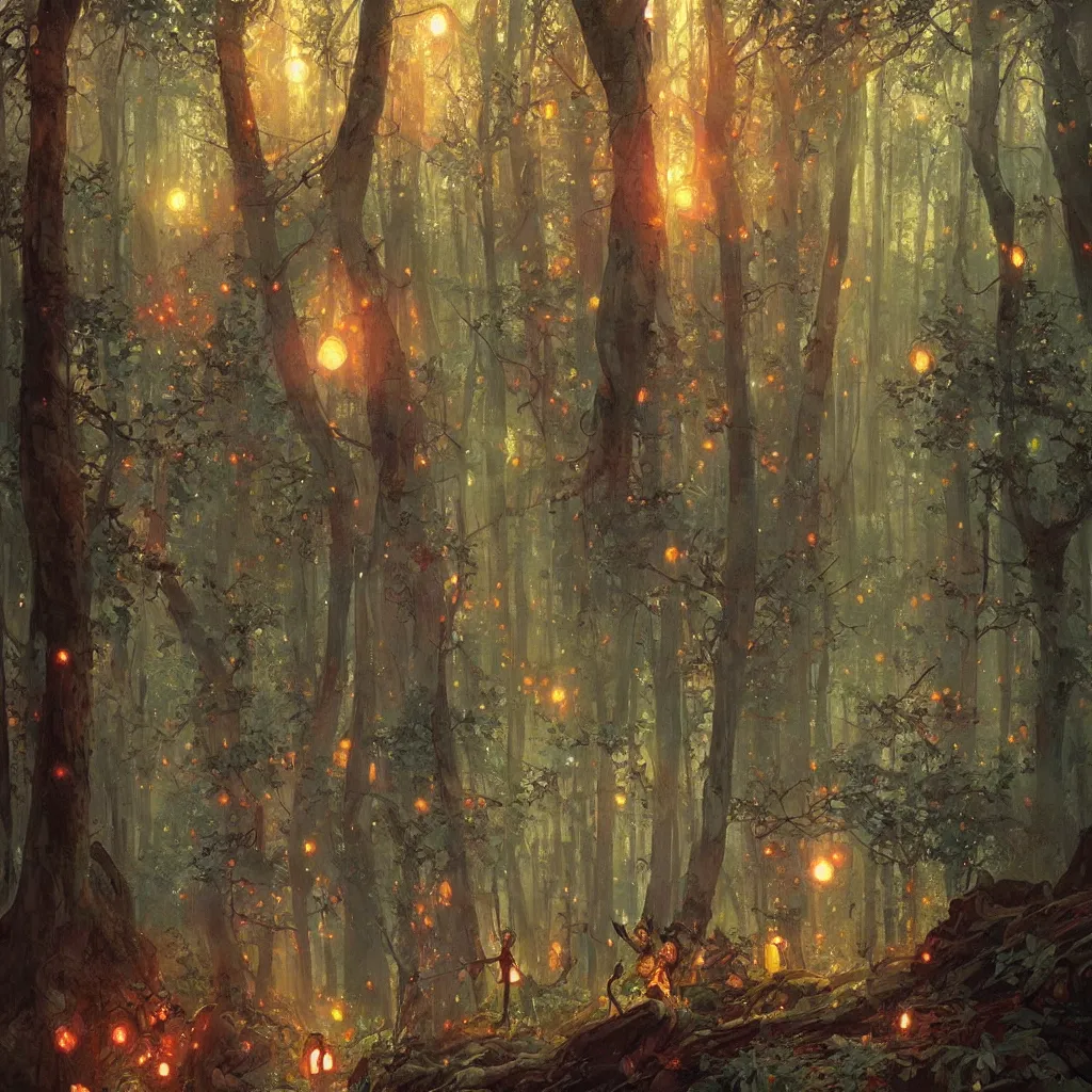 Image similar to forest, overdetailed art, by greg rutkowski, by alfons mucha, complementing colors, magic, colorful lights, fireflies, detailed illustration