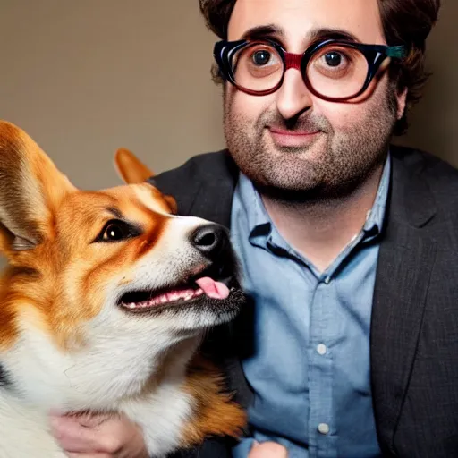 Image similar to Eric Wareheim with a corgi, hyperealism, golden hour