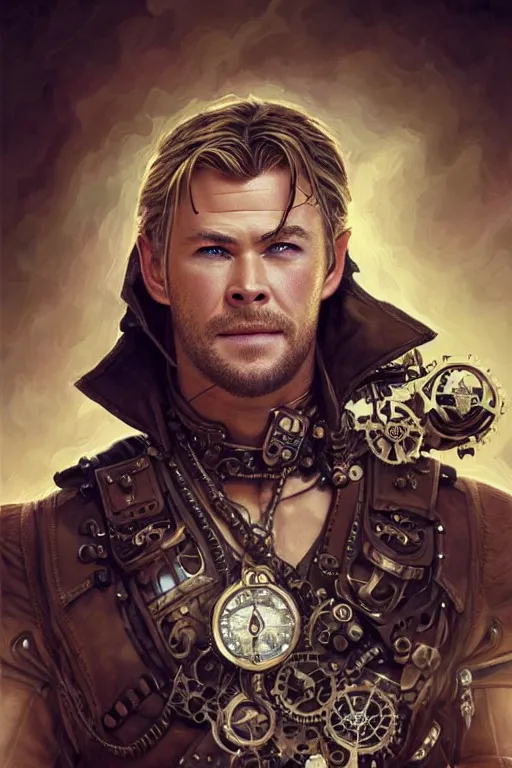 Image similar to chris hemsworth as a steampunk cyborg, portrait, western, steampunk, duster, fantasy, intricate, elegant, highly detailed, digital painting, artstation, concept art, sharp focus, illustration, art by artgerm and greg rutkowski and alphonse mucha