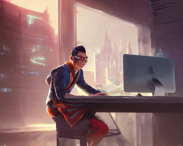 Image similar to an insanely detailed painting of a nerdy asian man wearing a superhero costume, sitting at a desk, staring at the nervously at the computer and typing, in the style of peter mohrbacher, dramatic lighting and composition, octane render, pixar, trending on artstation, concept art, comic book, view from behind