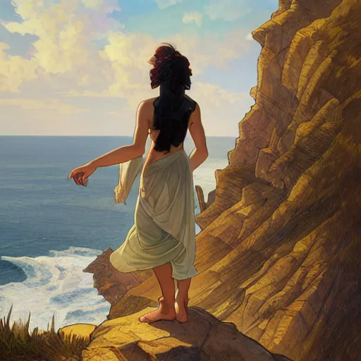 Prompt: a person standing on a cliff, looking out at the ocean, by artgerm and greg rutkowski and alphonse mucha and william