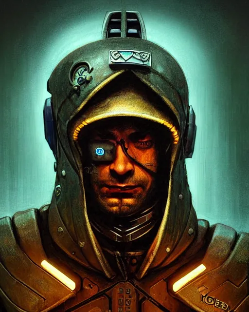 Image similar to a fed up cyber astro monk like from skyrim and elden ring and grand theft auto and overwatch, character portrait, portrait, close up, concept art, intricate details, extremely detailed, realistic vintage sci - fi poster, in the style of chris foss, rodger dean, moebius, michael whelan, lumi, and gustave dore