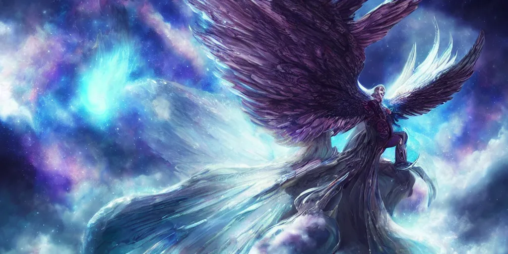 Image similar to a cosmic winged beast with majestic nebula wings, concept art, digital illustration, trending on artstation, deviantart, artgerm, epic composition, masterpiece, highly detailed, advanced technique, ambient lighting, wlop, ross draws