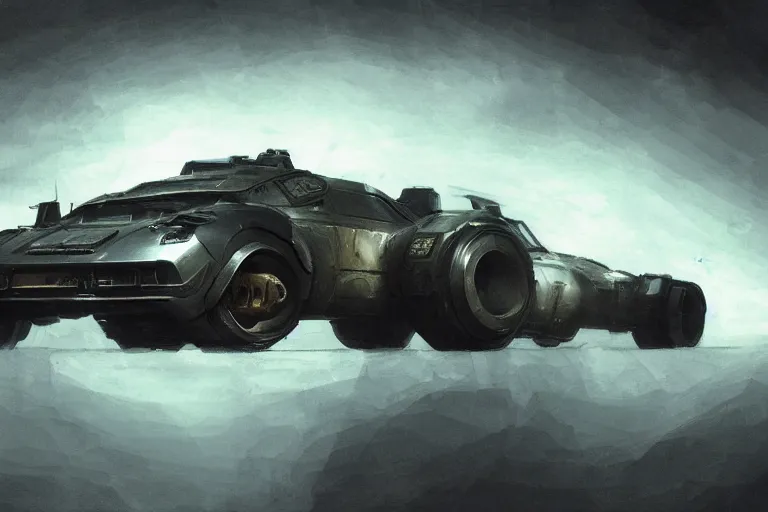 Image similar to a single armored scifi ferrari in the style of bladerunner and alternate car one, car concept, car Design, sid mead, alex ross, intricate Details, concept art, matte painting, highly detailed, rule of thirds, dynamic lighting, cinematic, detailed, denoised, centerd, clean render