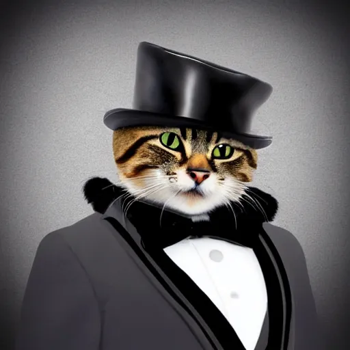 Image similar to a cat gentleman wearing a black leather hat, frontal view, cool looking