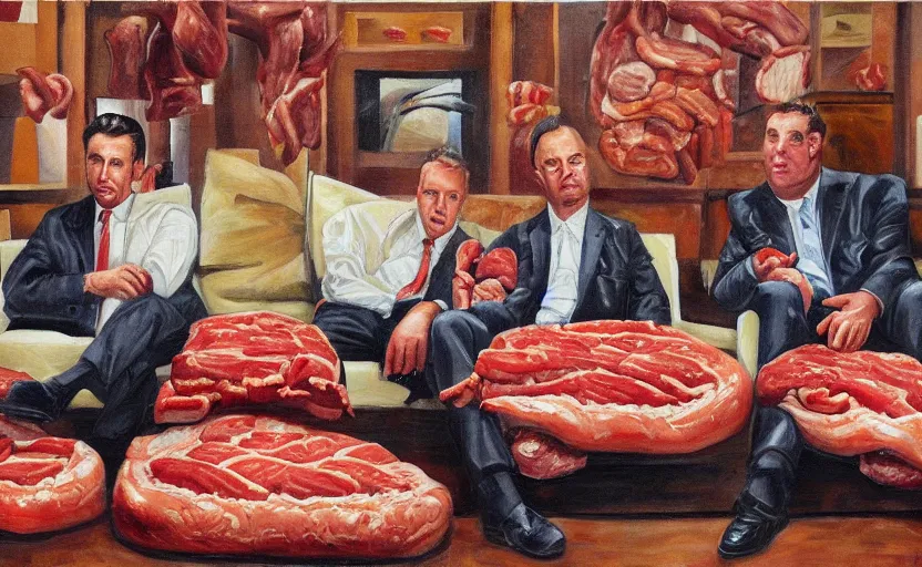 Image similar to realistic painting of couch made out of meat, business men sitting on couch made out of meat and talking,