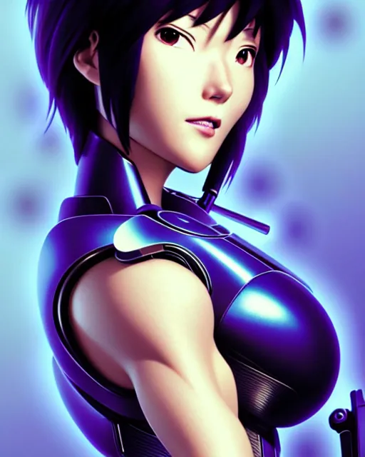 Image similar to weta disney pixar movie still portrait photo of motoko kusanagi the major ghost in the shell : : as cyborg woman by pixar : : by weta, wlop, ilya kuvshinov, rossdraws, artgerm, marvel, maxim cover, latex, octane render, sweaty, iridescent, bright morning, anime, liosh, mucha : :