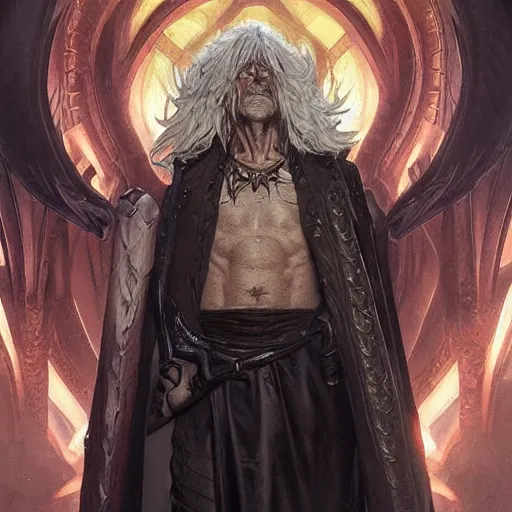 Image similar to Christopher Lloyd as belial, full_body!!, dungeons and dragons, highly_detailed!!, Highly_detailed_face!!! , artstation, concept art, sharp focus, illustration, art by artgerm and greg rutkowski and alphonse mucha