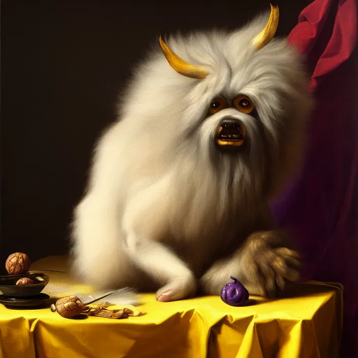 Prompt: still life painting of a beautiful cute purple hairy monster by pieter claesz, oil on canvas, strong lighting, highly detailed, hyper realism, golden hour, god rays, hd, 4 k