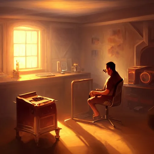 Image similar to a man and a room in a scorching hot room with two computers, inferno, d & d, fantasy digital painting, trending on artstation, concept art, sharp focus, illustration, global illumination, ray tracing, realistic shaded, art by artgerm and greg rutkowski and fuji choko and viktoria gavrilenko and hoang lap