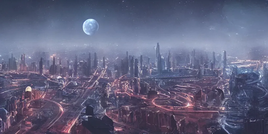 Image similar to cinematic shot of a st. petersburg city in the moon's hollow, russian orbit city cityscape, telephoto, iconic scene from the optimistic sci fi film directed by stanley kubrick, anamorphic cinematography, beautiful composition, color theory, leading lines, photorealistic, moody volumetric lighting