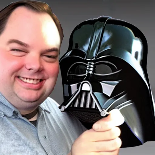 Prompt: Rich Evans with a Darth Vader! helmet! holding a Astromech toy!