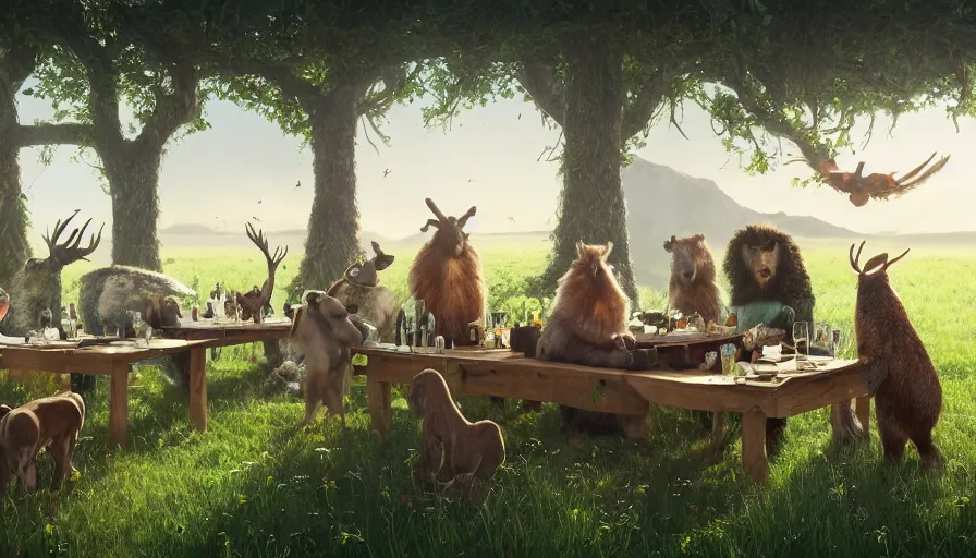 Image similar to a table dinner of animals where animals are dressed like the characters from the midsommar movie, realistic detailed digital art by maxwell boas jessica rossier christian dimitrov anton fadeev trending on artstation cgsociety rendered in unreal engine 4 k hq