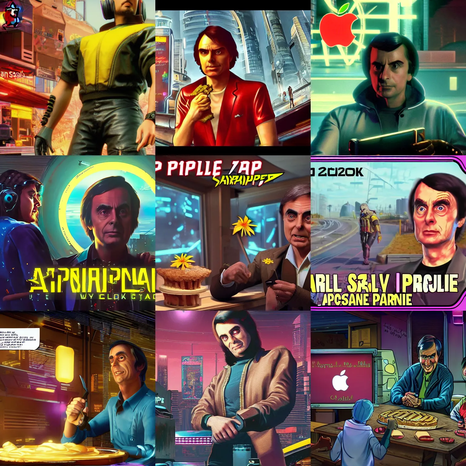 Prompt: carl sagan teaches about apple pie. cyberpunk 2 0 7 7 cp 2 0 7 7. 3 8 4 0 x 2 1 6 0 cosmos episode