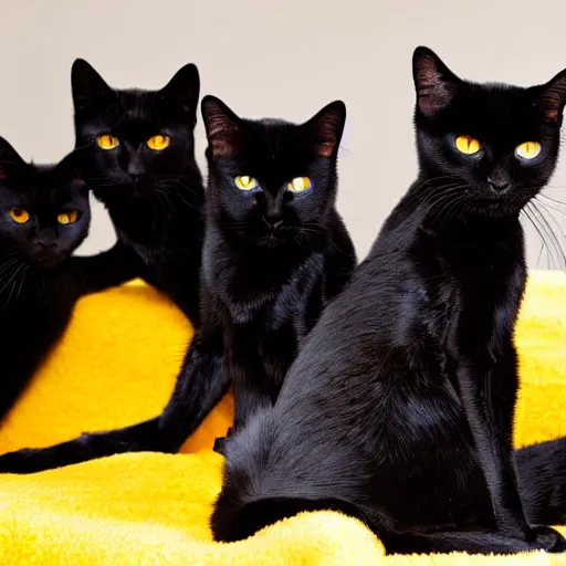 Image similar to photo of a group of black cats with large buggy yellow eyes, sitting on a bed