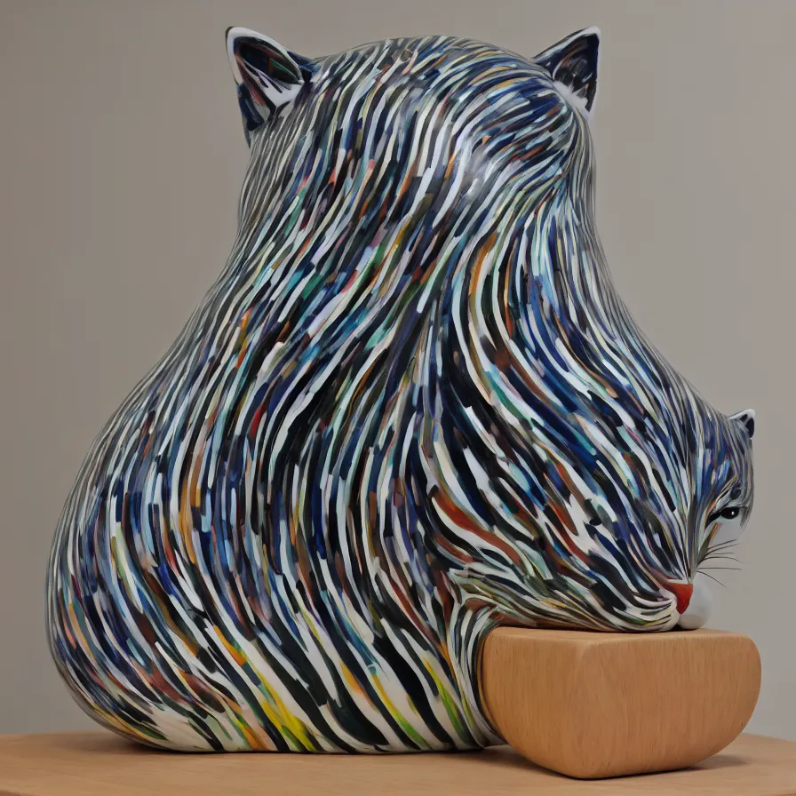 Prompt: beautiful gallery show studio photograph of a giant realistic curvy ceramic sculpture of a kitten cat!!!!!, glazed by bridget riley and victor vasarely, placed on a polished wooden table, colorful hyperrealism 8 k trending on artstation