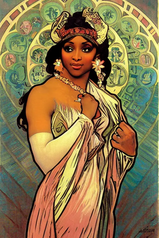 Image similar to painting of nikki minaj as the greek goddess of nail polish, by alphonse mucha