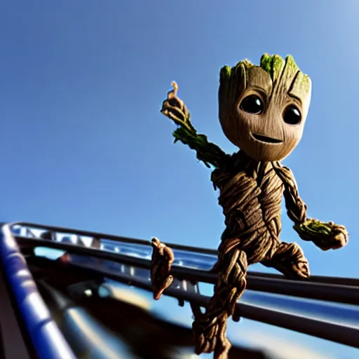 Image similar to baby groot riding a roller coaster