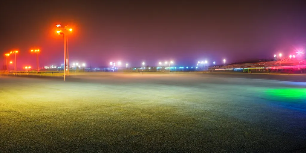 Prompt: racetrack at night in fog, colorful, mood, speed, award winning photography