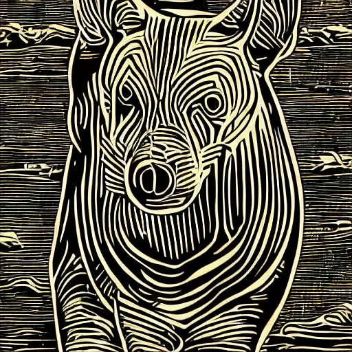 Image similar to a graph style animals, linocut art, retrowave, synthwave, famous art,