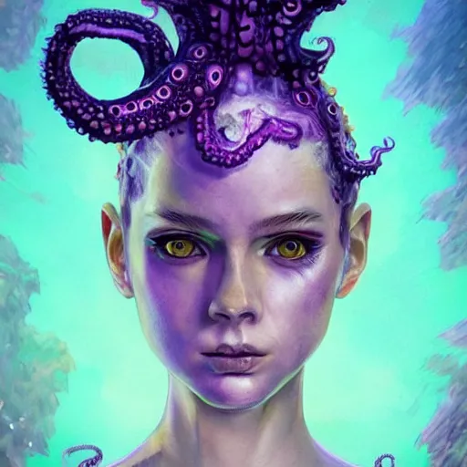 Prompt: artstation furious young teen with purple eyes and pink tentacles on her head , very detailed, in glass town, portrait, ultra realistic intricate clothes