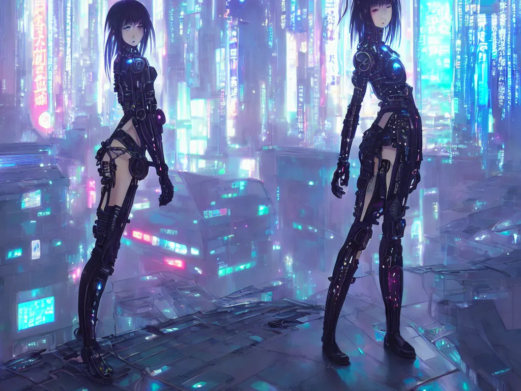 Prompt: anime visual of portrait futuristic cyber warrior girl, in future cyberpunk tokyo rooftop, ssci - fi, fantasy, intricate, very very beautiful, elegant, neon light, highly detailed, digital painting, artstation, concept art, smooth, sharp focus, illustration, art by huaixuan xiang and alphonse mucha and wlop and tian zi