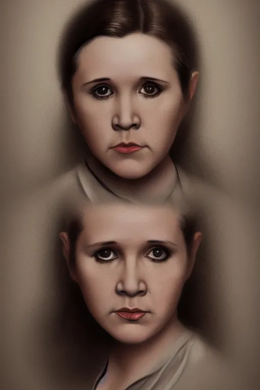 Image similar to a portrait of young carrie fisher, in the style of gottfried helnwein, dirk dzimirsky, gustave courbet, dramatic studio lighting, 3 5 mm f 1. 4 lens depth of field, octane render 8 k, hyperdetailed, trending on artstation, award winning