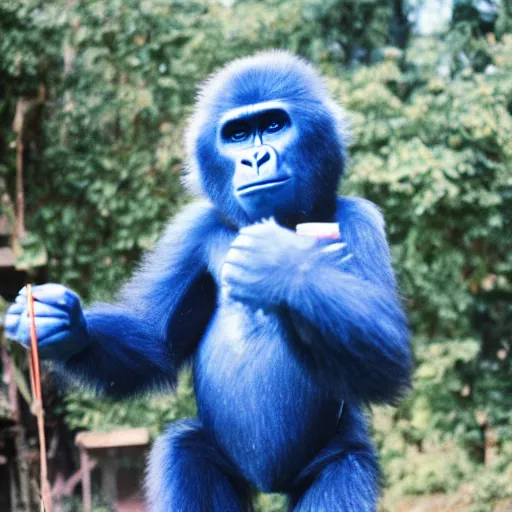 Prompt: a blue pepsi gorilla, film still