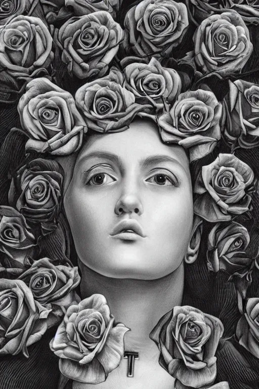 Prompt: hyperrealism, extreme close-up roses fully covering young beautiful nun face, wearing hyper detailed black clothes, in style of classicism