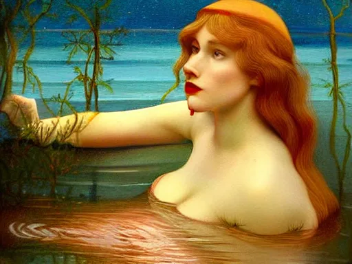 Image similar to a painting of a woman in a body of water, a fine art painting by jan tengnagel, trending on deviantart, pop surrealism, tarot card, pre - raphaelite, artwork