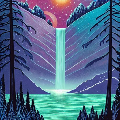 Prompt: ngc 3132 falling waterfall mysterious landscape by Casey Weldon, edge of the world