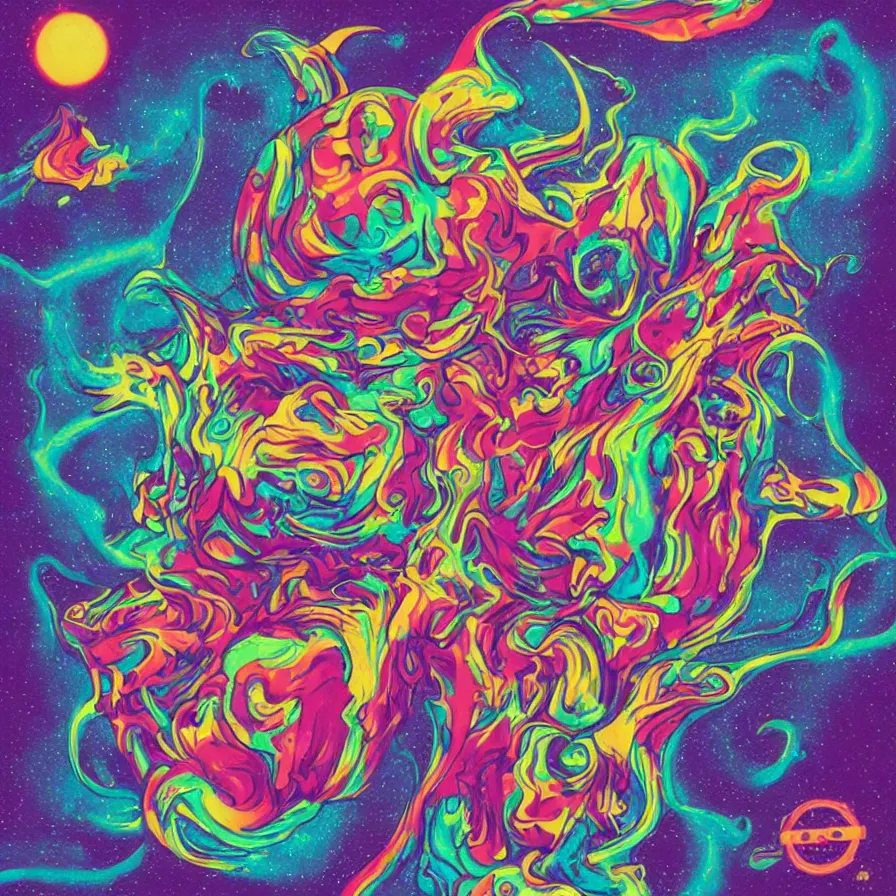 Prompt: album art, psychedelic melting marshmallow creature, omni magazine